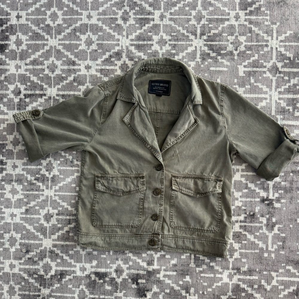 Lucky Brand Olive Green Utility Safari Jacket Shirt Roll Tab Sleeve